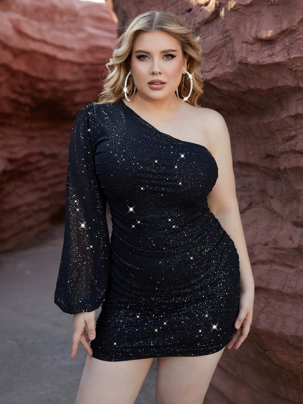 Plus Size Black Bodycon Long Sleeve Party Dress